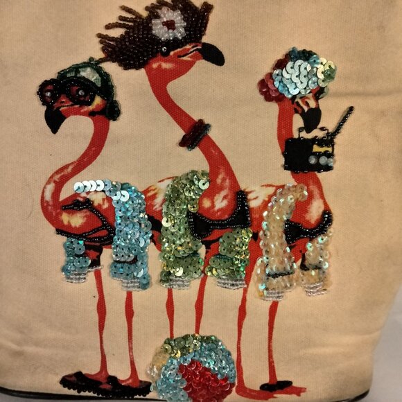 Flamingo Print Canvas Purse Bag Tote Beaded Sequins Tropical - Picture 3 of 12
